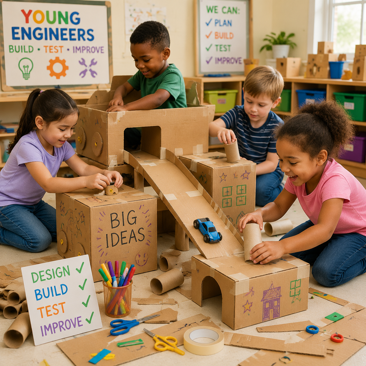 Children exploring cardboard box engineering activities